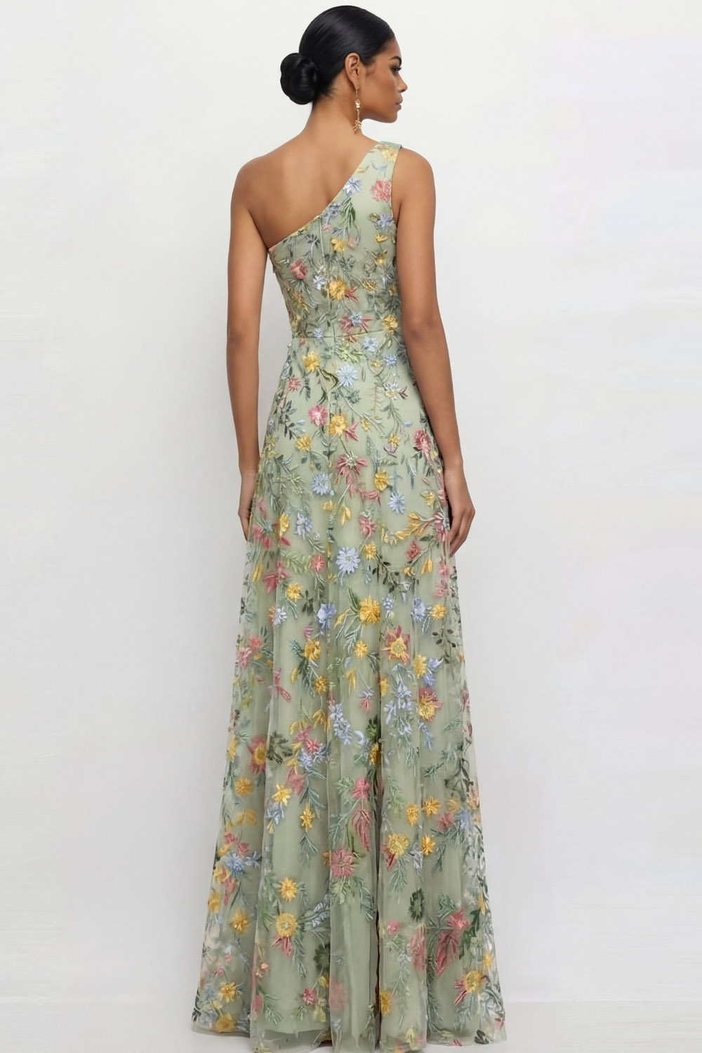 Mauve A Line Floral One Shoulder Floral Long Wedding Guest Dress with Slit