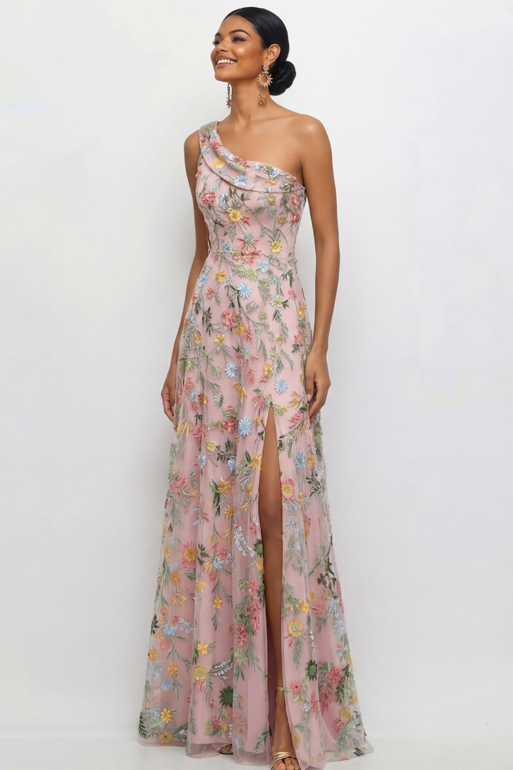 Mauve A Line Floral One Shoulder Floral Long Wedding Guest Dress with Slit