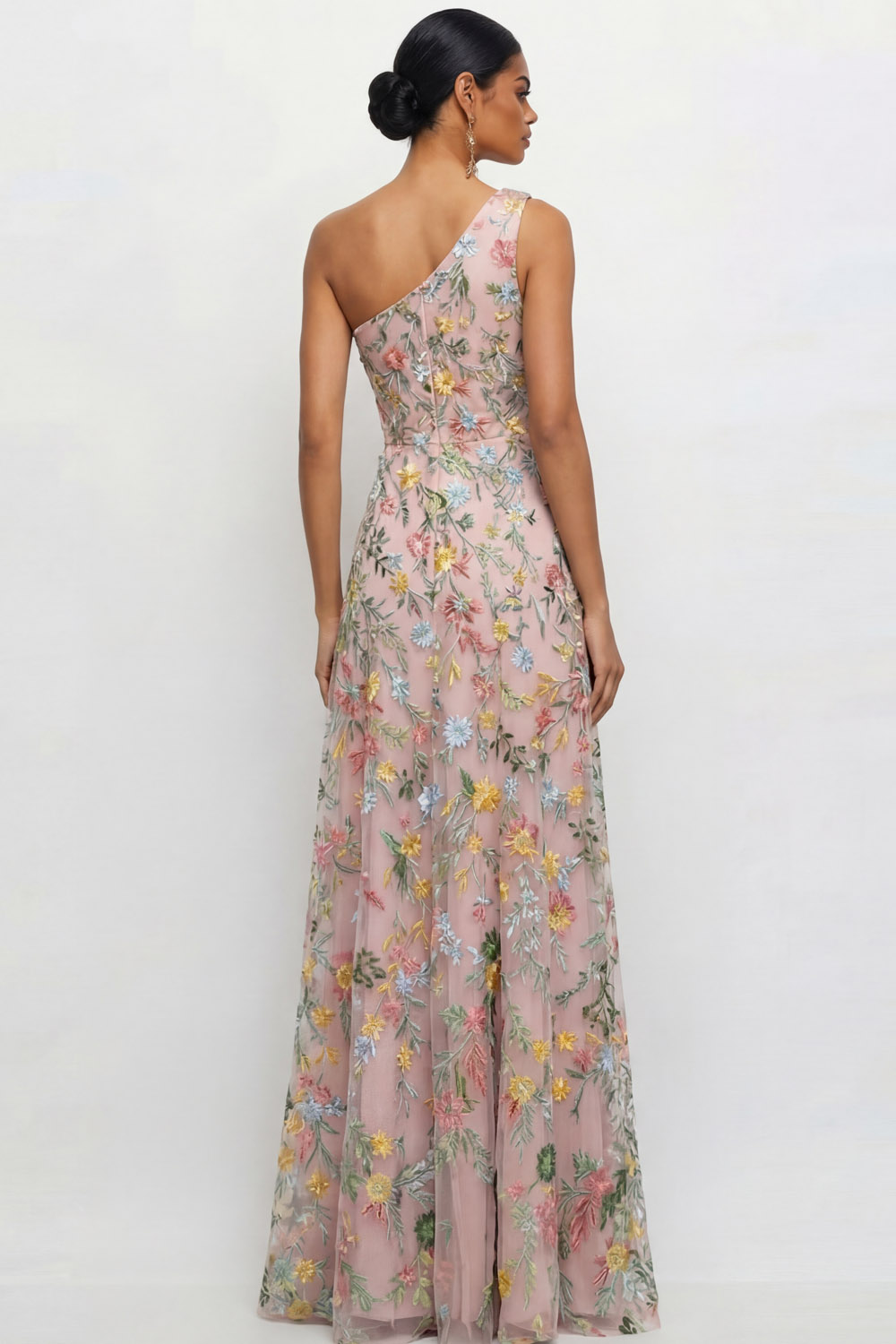 Mauve A Line Floral One Shoulder Floral Long Wedding Guest Dress with Slit