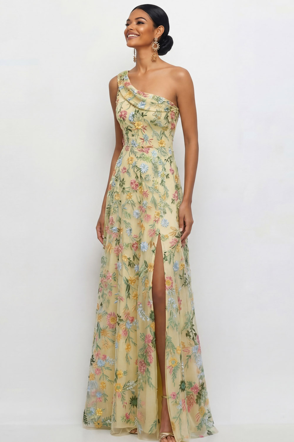 Mauve A Line Floral One Shoulder Floral Long Wedding Guest Dress with Slit