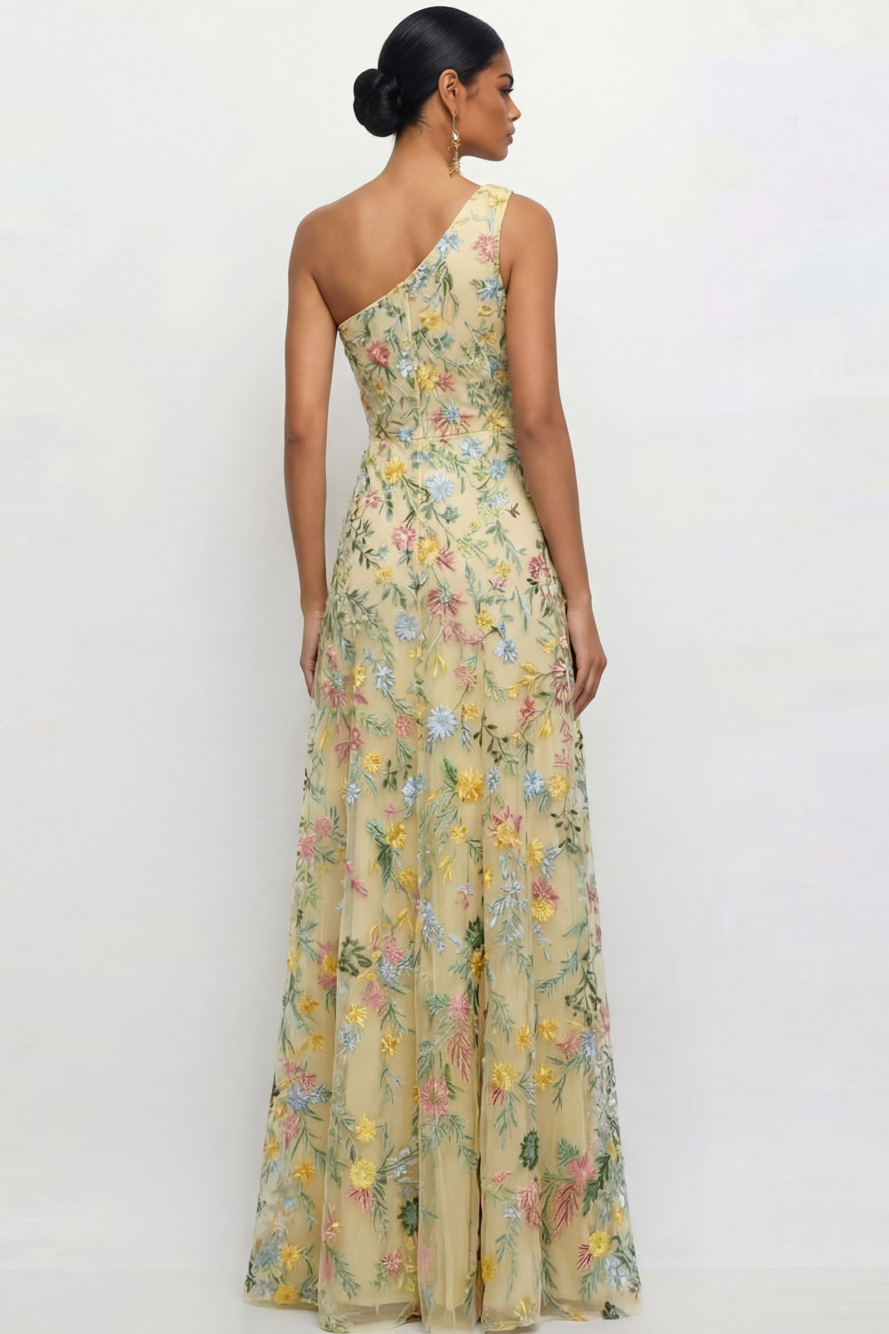 Mauve A Line Floral One Shoulder Floral Long Wedding Guest Dress with Slit