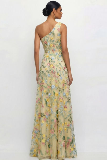 Mauve A Line Floral One Shoulder Floral Long Wedding Guest Dress with Slit
