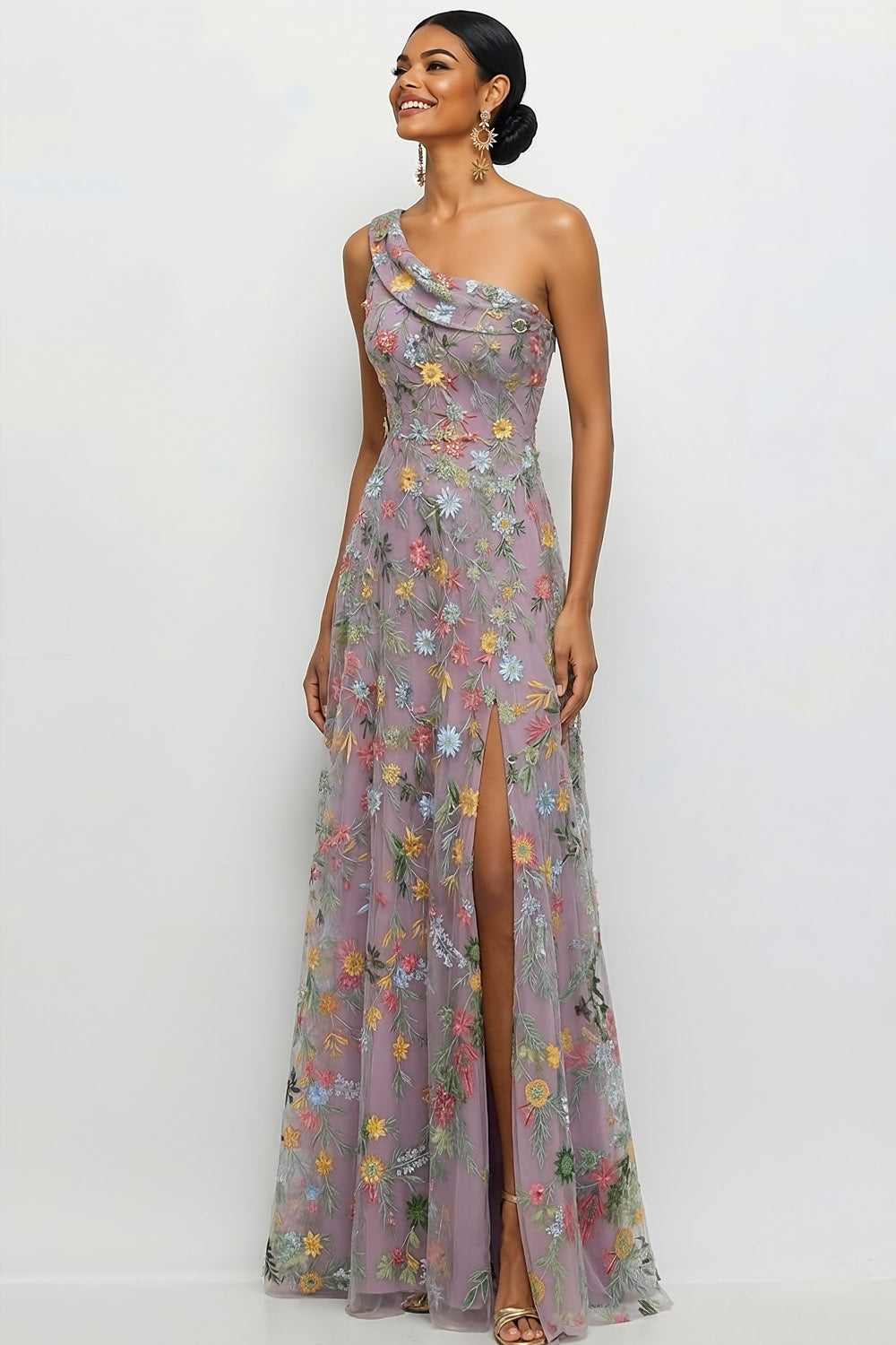 Mauve A Line Floral One Shoulder Floral Long Wedding Guest Dress with Slit