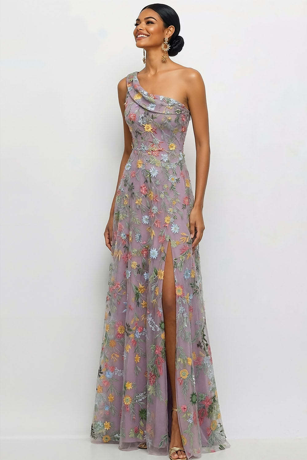 Mauve A Line Floral One Shoulder Floral Long Wedding Guest Dress with Slit