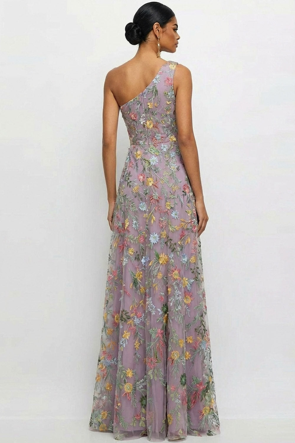 Mauve A Line Floral One Shoulder Floral Long Wedding Guest Dress with Slit