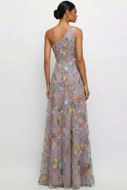 Mauve A Line Floral One Shoulder Floral Long Wedding Guest Dress with Slit