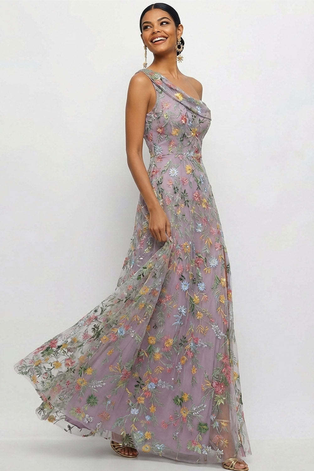 Mauve A Line Floral One Shoulder Floral Long Wedding Guest Dress with Slit