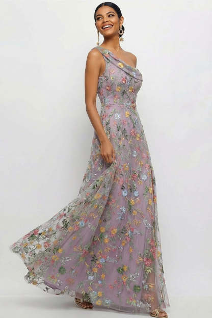 Mauve A Line Floral One Shoulder Floral Long Wedding Guest Dress with Slit