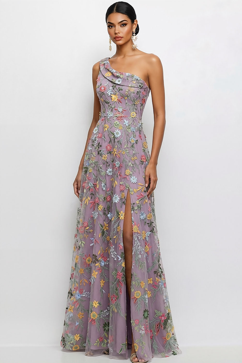 Mauve A Line Floral One Shoulder Floral Long Wedding Guest Dress with Slit