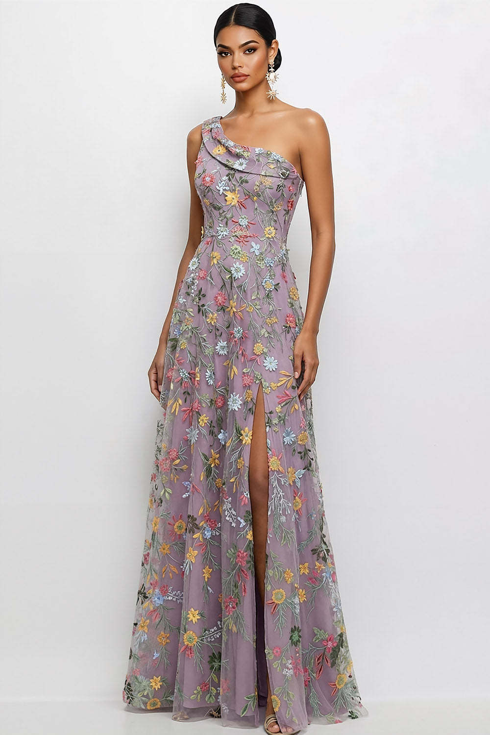 Leely Women Mauve A Line Floral Floral Long Wedding Guest Dress with Slit One Shoulder Sleeveless Embroidered Evening Dress