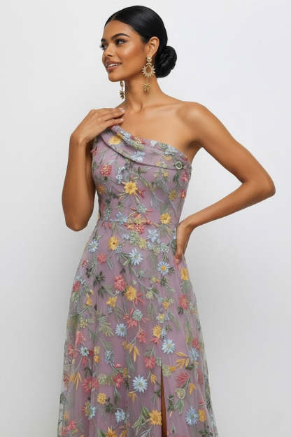 Mauve A Line Floral One Shoulder Floral Long Wedding Guest Dress with Slit