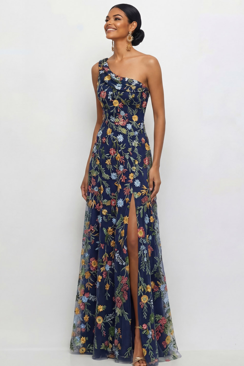 Mauve A Line Floral One Shoulder Floral Long Wedding Guest Dress with Slit