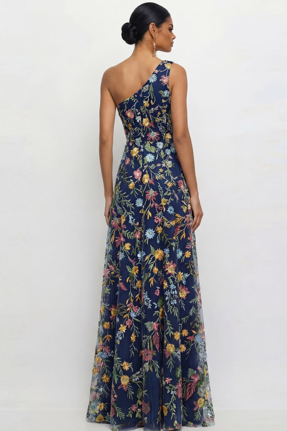 Mauve A Line Floral One Shoulder Floral Long Wedding Guest Dress with Slit