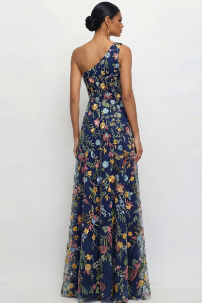 Mauve A Line Floral One Shoulder Floral Long Wedding Guest Dress with Slit
