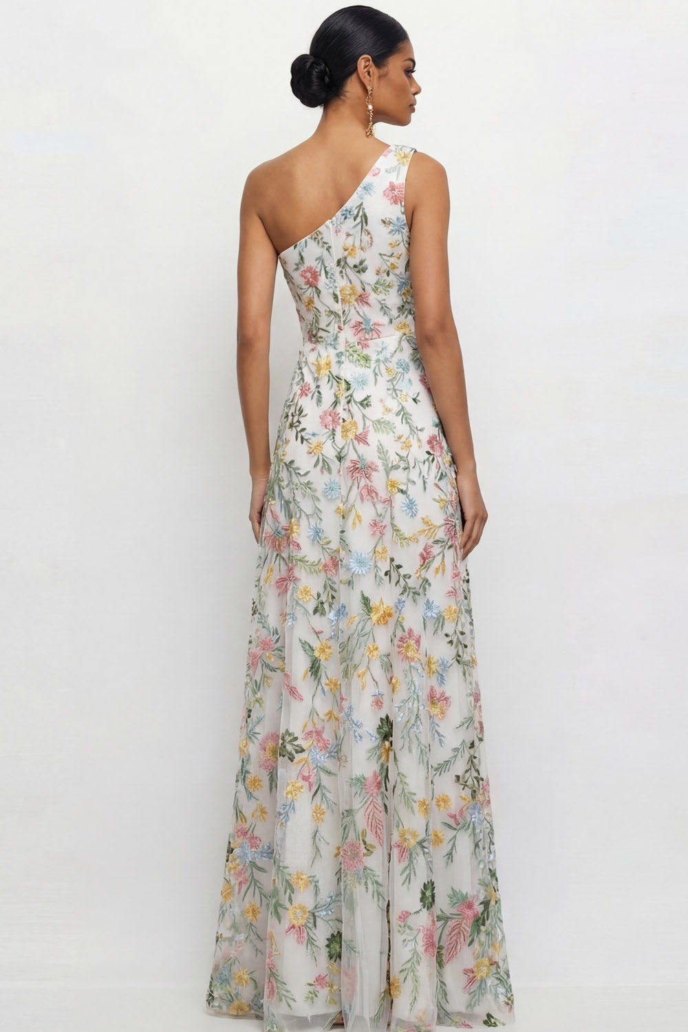 Mauve A Line Floral One Shoulder Floral Long Wedding Guest Dress with Slit