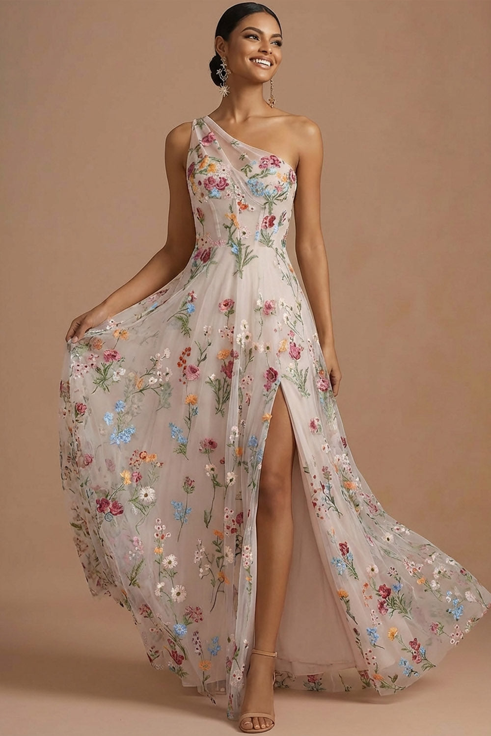 Leely Women Ivory Corset Floral Long Prom Dress with Slit One Shoulder Embroidered Formal Dress