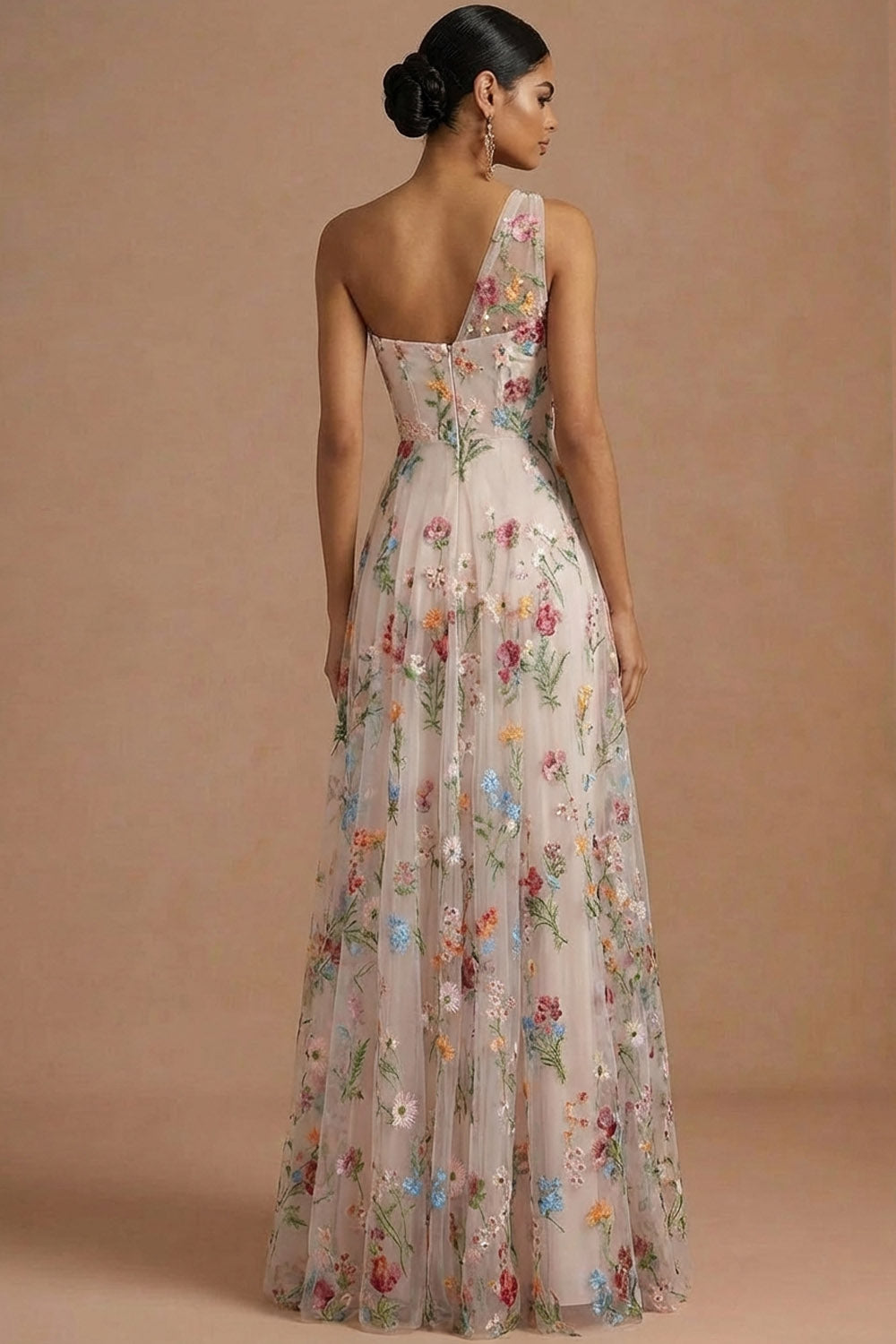 Ivory Corset Floral One Shoulder Long Prom Dress with Slit