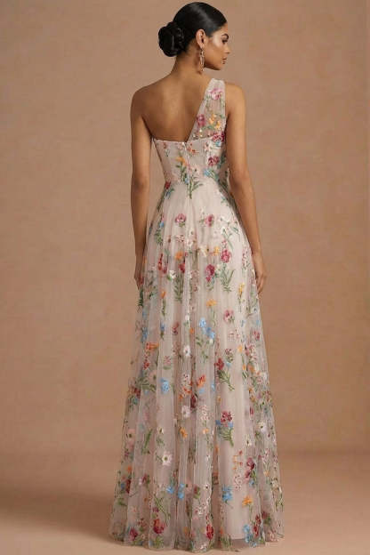 Ivory Corset Floral One Shoulder Long Prom Dress with Slit