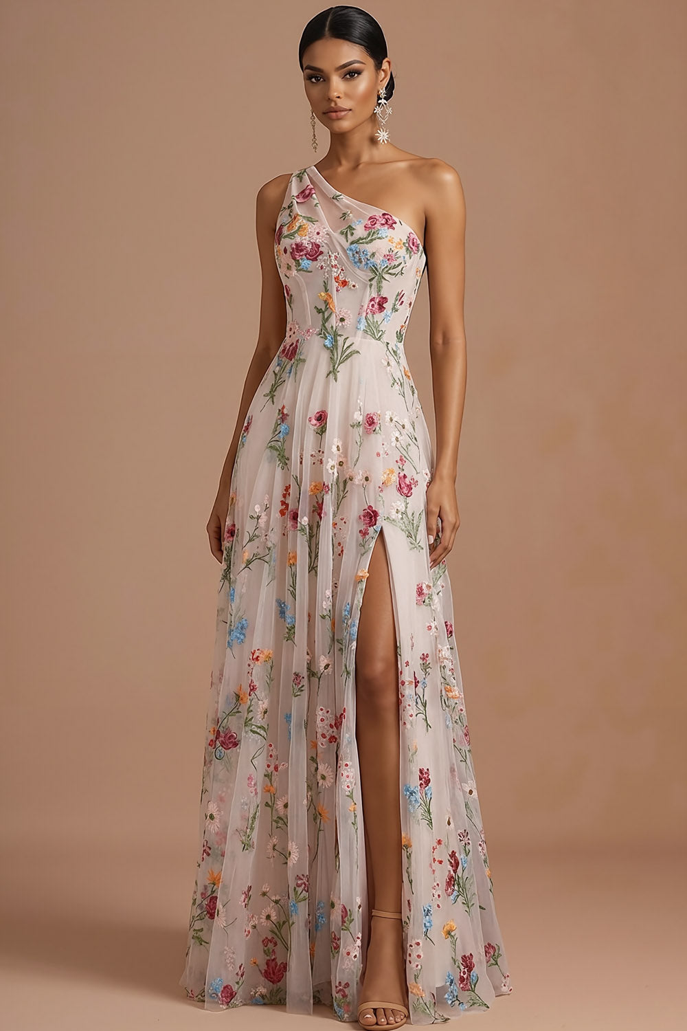 Ivory Corset Floral One Shoulder Long Prom Dress with Slit