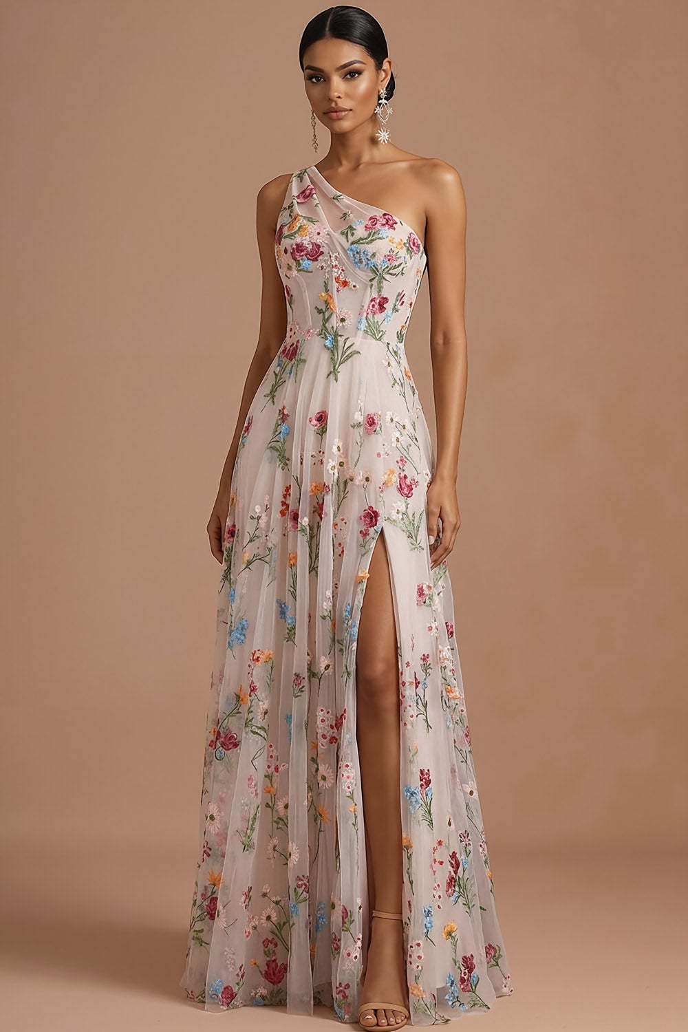 Ivory Corset Floral One Shoulder Long Prom Dress with Slit