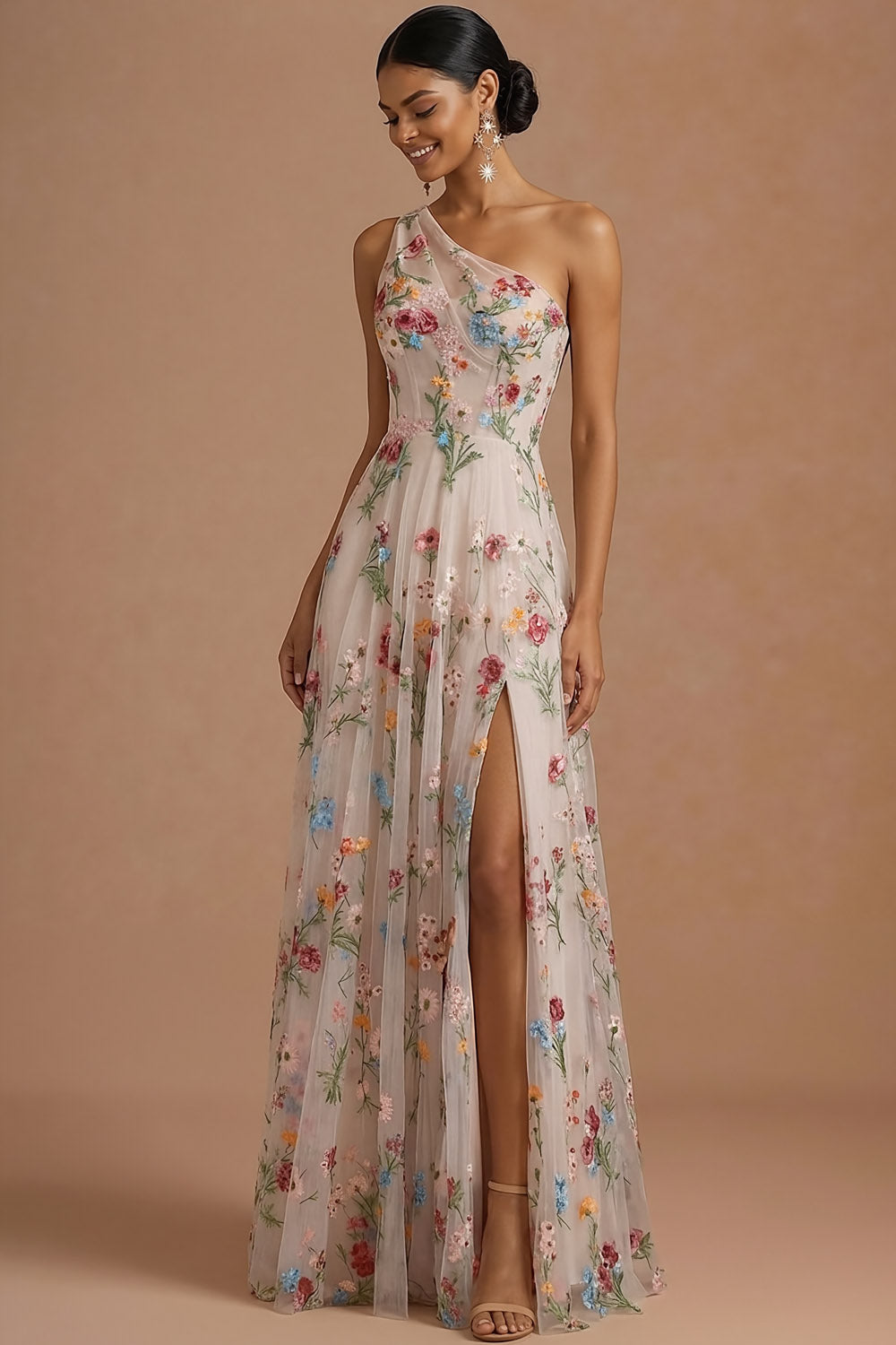 Ivory Corset Floral One Shoulder Long Prom Dress with Slit