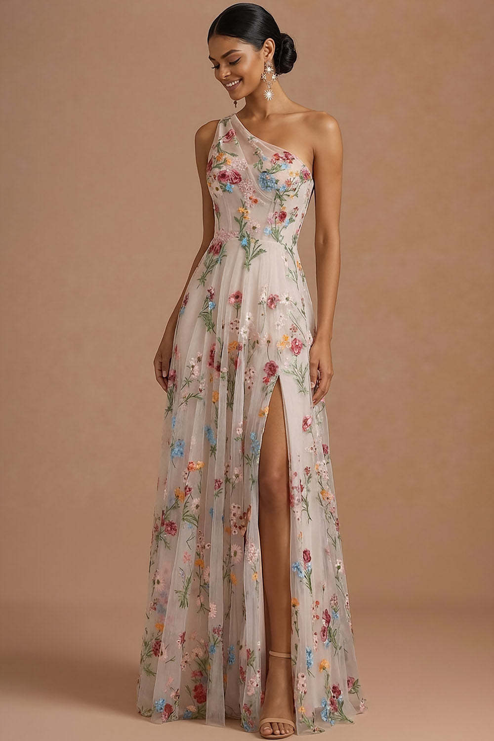 Ivory Corset Floral One Shoulder Long Prom Dress with Slit