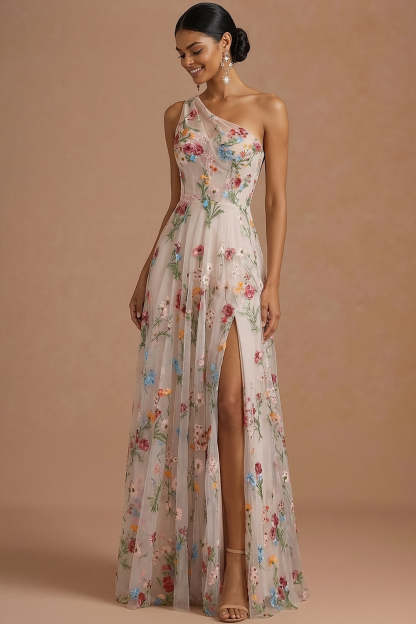 Ivory Corset Floral One Shoulder Long Prom Dress with Slit