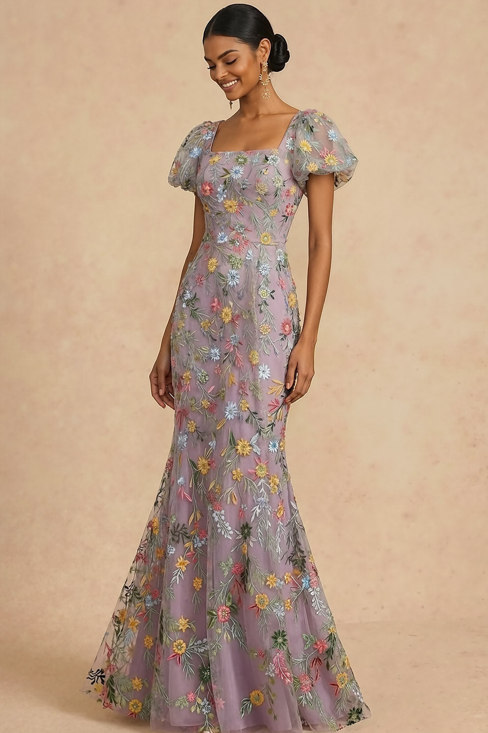 Mauve Floral Mermaid Embroidered Square Neck Long Formal Dress