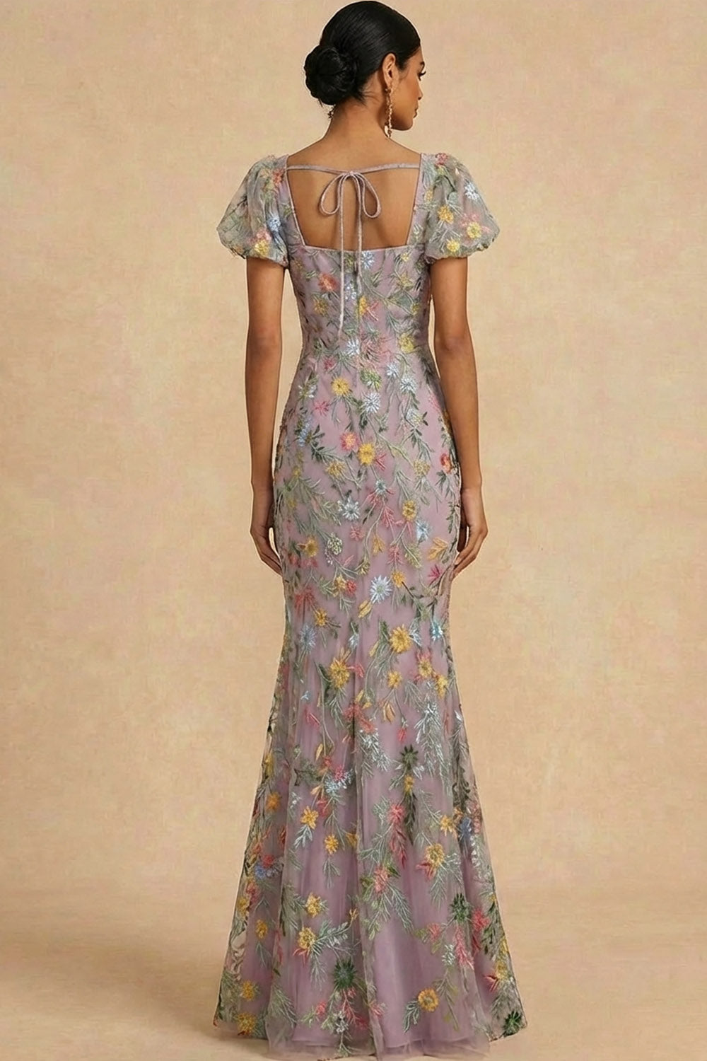 Mauve Floral Mermaid Embroidered Square Neck Long Formal Dress