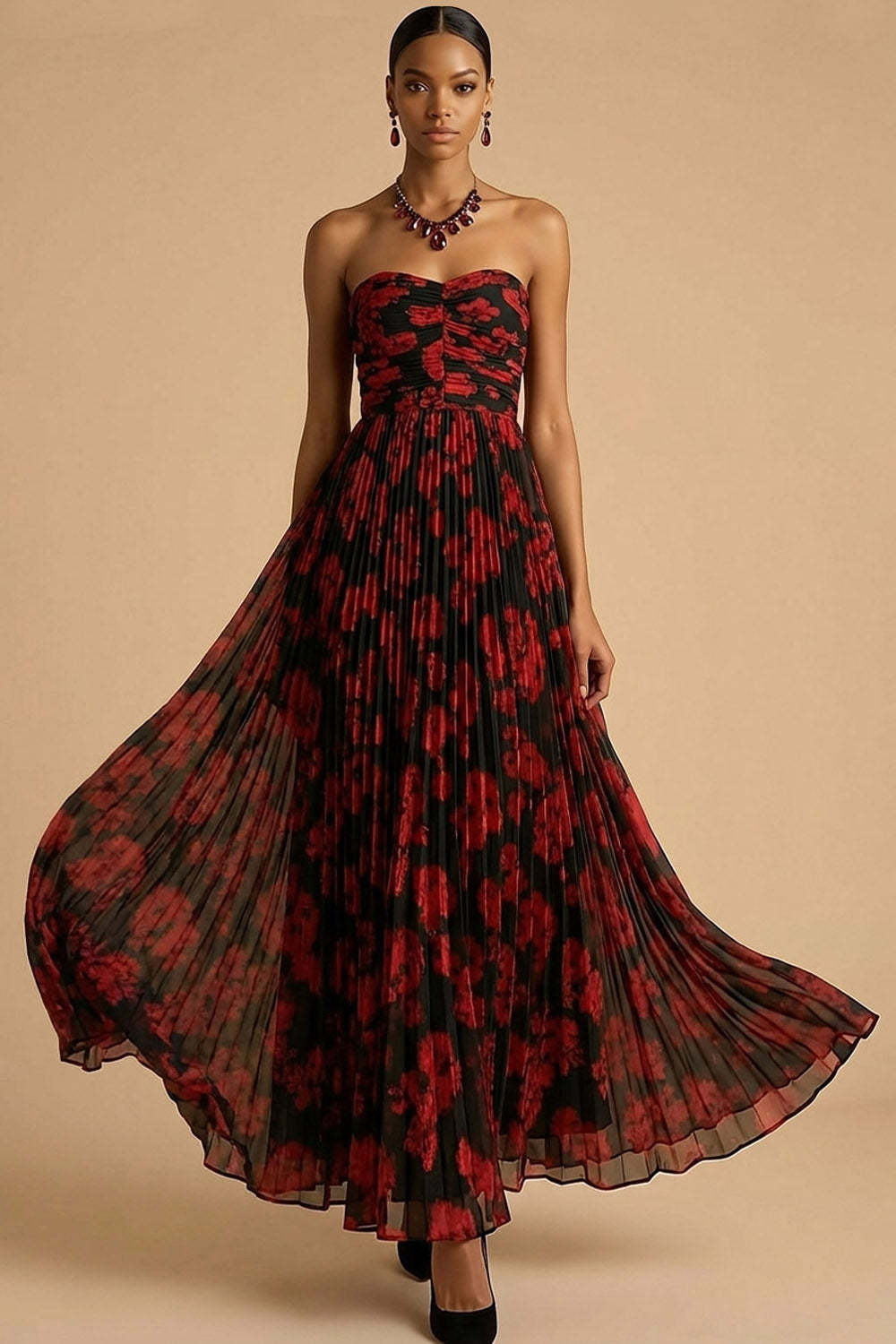 Leely Women Black Red Floral Pleated A Line Long Wedding Guest Dress Strapless Backless Formal Dress