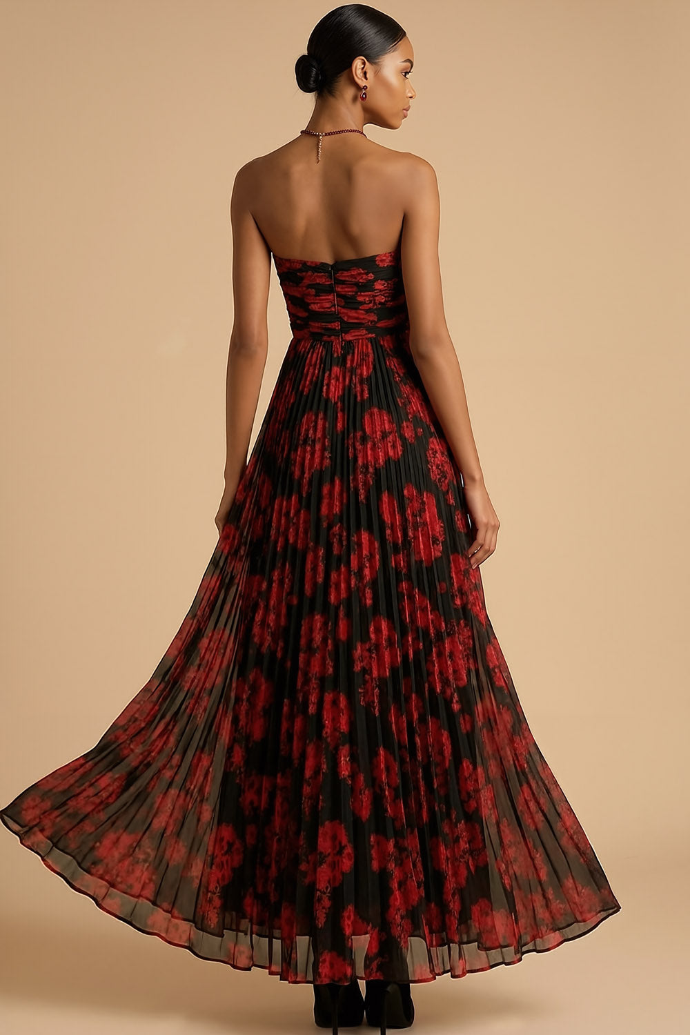 Black Red Floral Pleated A Line Long Wedding Guest Dress