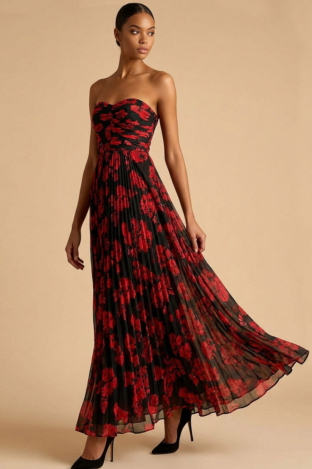 Black Red Floral Pleated A Line Long Wedding Guest Dress
