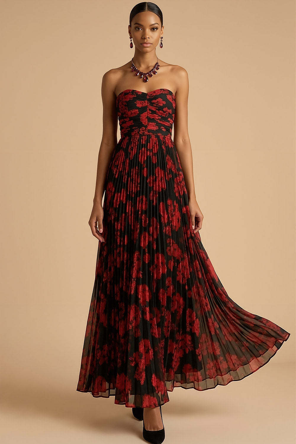Black Red Floral Pleated A Line Long Wedding Guest Dress