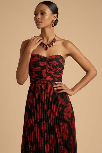 Black Red Floral Pleated A Line Long Wedding Guest Dress