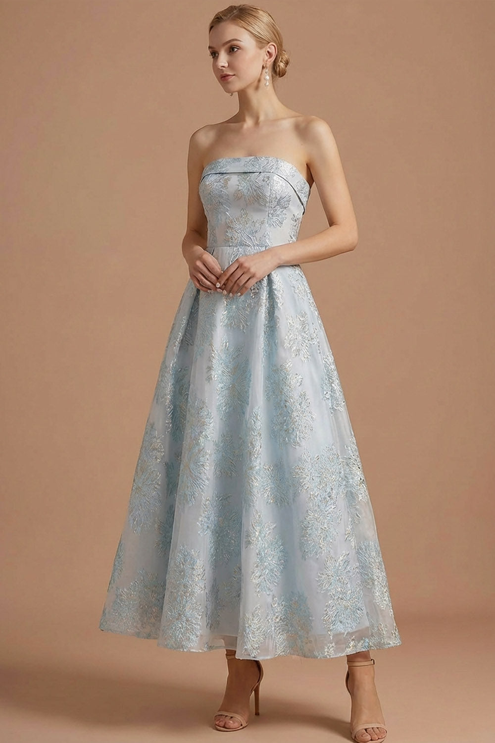 Leely Women Light Blue A Line Floral Long Wedding Guest Dress Jacquard Strapless Backless Evening Dress
