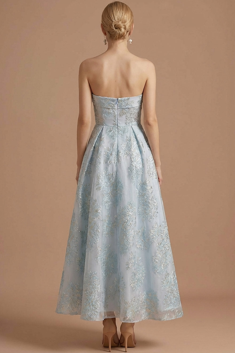 Light Blue Jacquard A Line Floral Long Wedding Guest Dress
