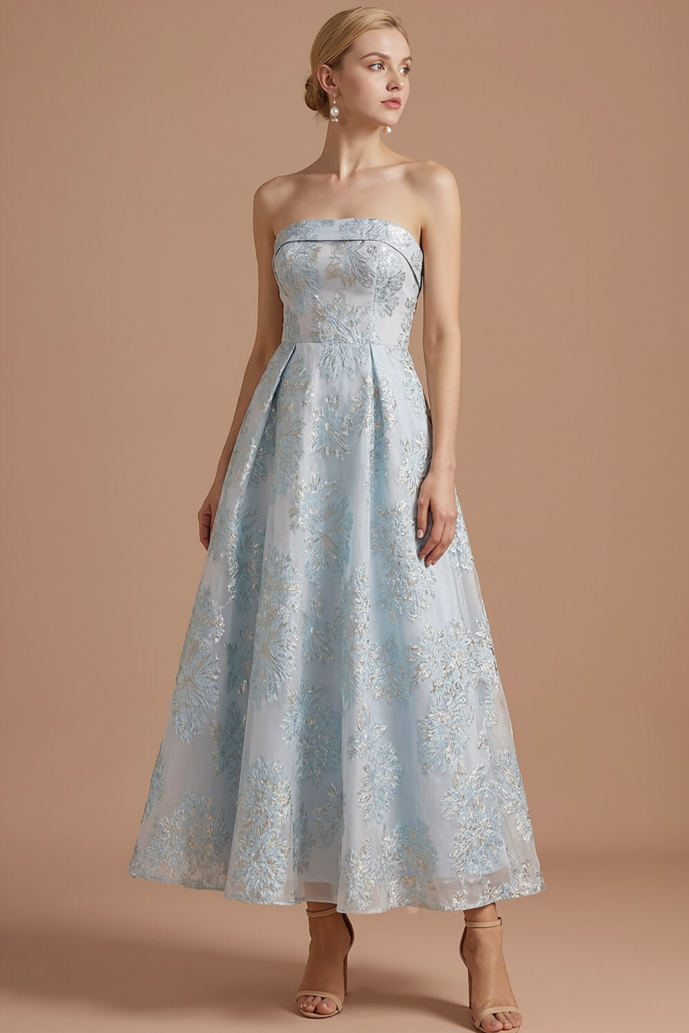 Light Blue Jacquard A Line Floral Long Wedding Guest Dress