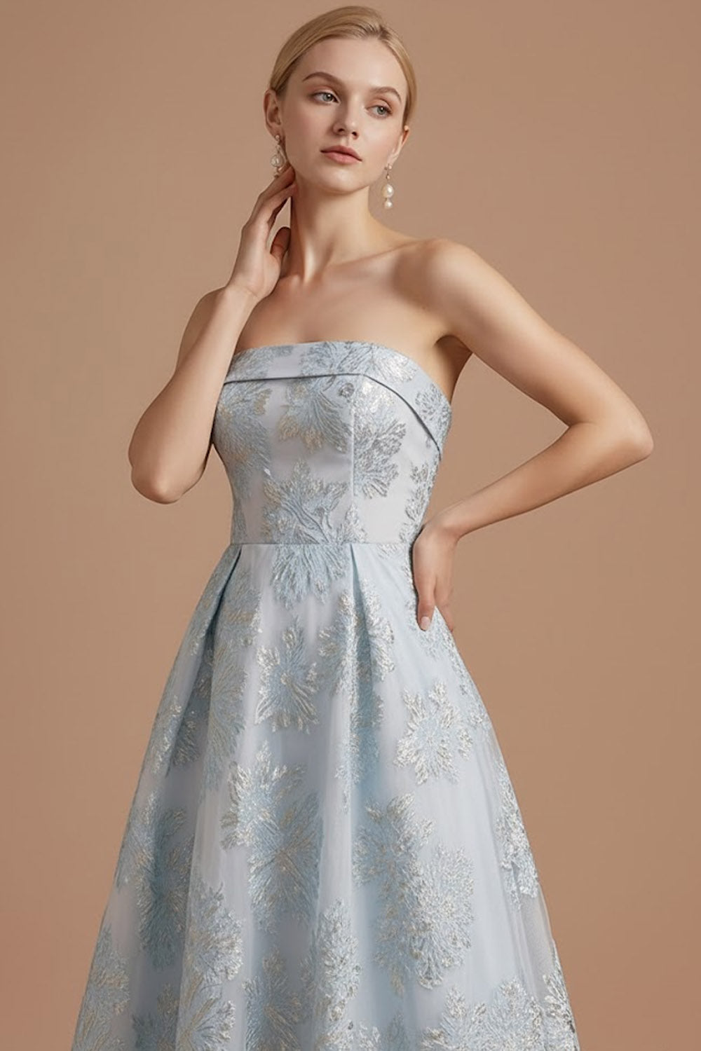 Light Blue Jacquard A Line Floral Long Wedding Guest Dress