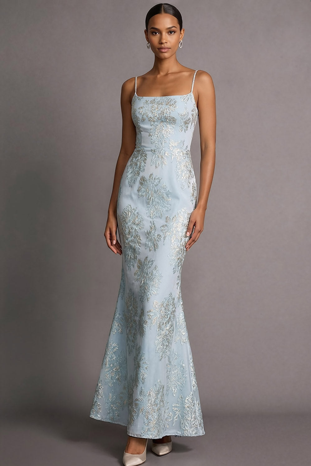 Light Blue Jacquard Mermaid Floral Long Wedding Guest Dress