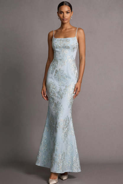 Leely Women Light Blue Jacquard Mermaid Floral Long Wedding Guest Dress Spaghetti Straps Backless Evening Dress