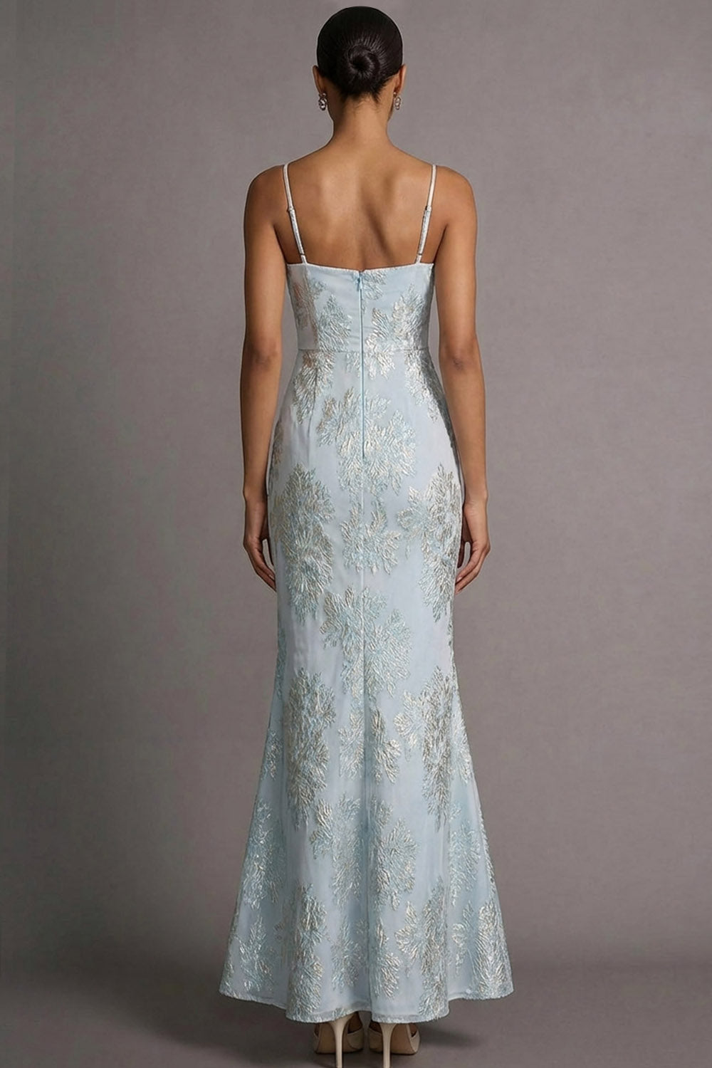 Light Blue Jacquard Mermaid Floral Long Wedding Guest Dress
