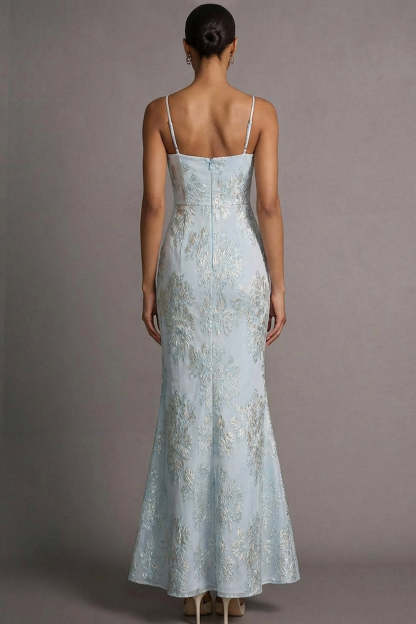 Light Blue Jacquard Mermaid Floral Long Wedding Guest Dress
