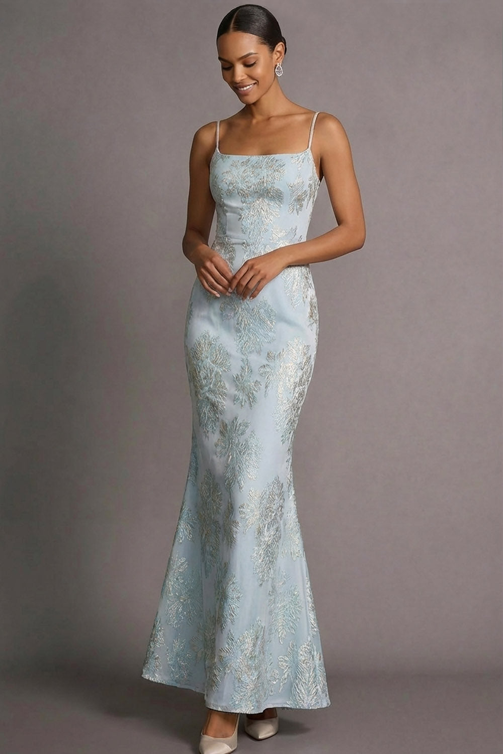 Light Blue Jacquard Mermaid Floral Long Wedding Guest Dress