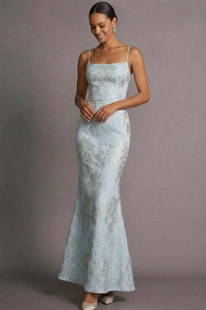 Light Blue Jacquard Mermaid Floral Long Wedding Guest Dress