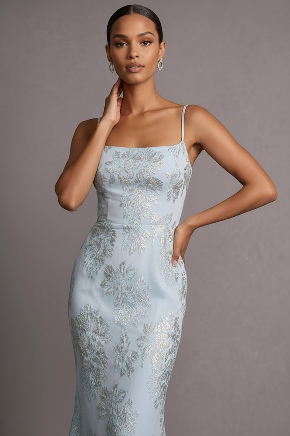 Light Blue Jacquard Mermaid Floral Long Wedding Guest Dress