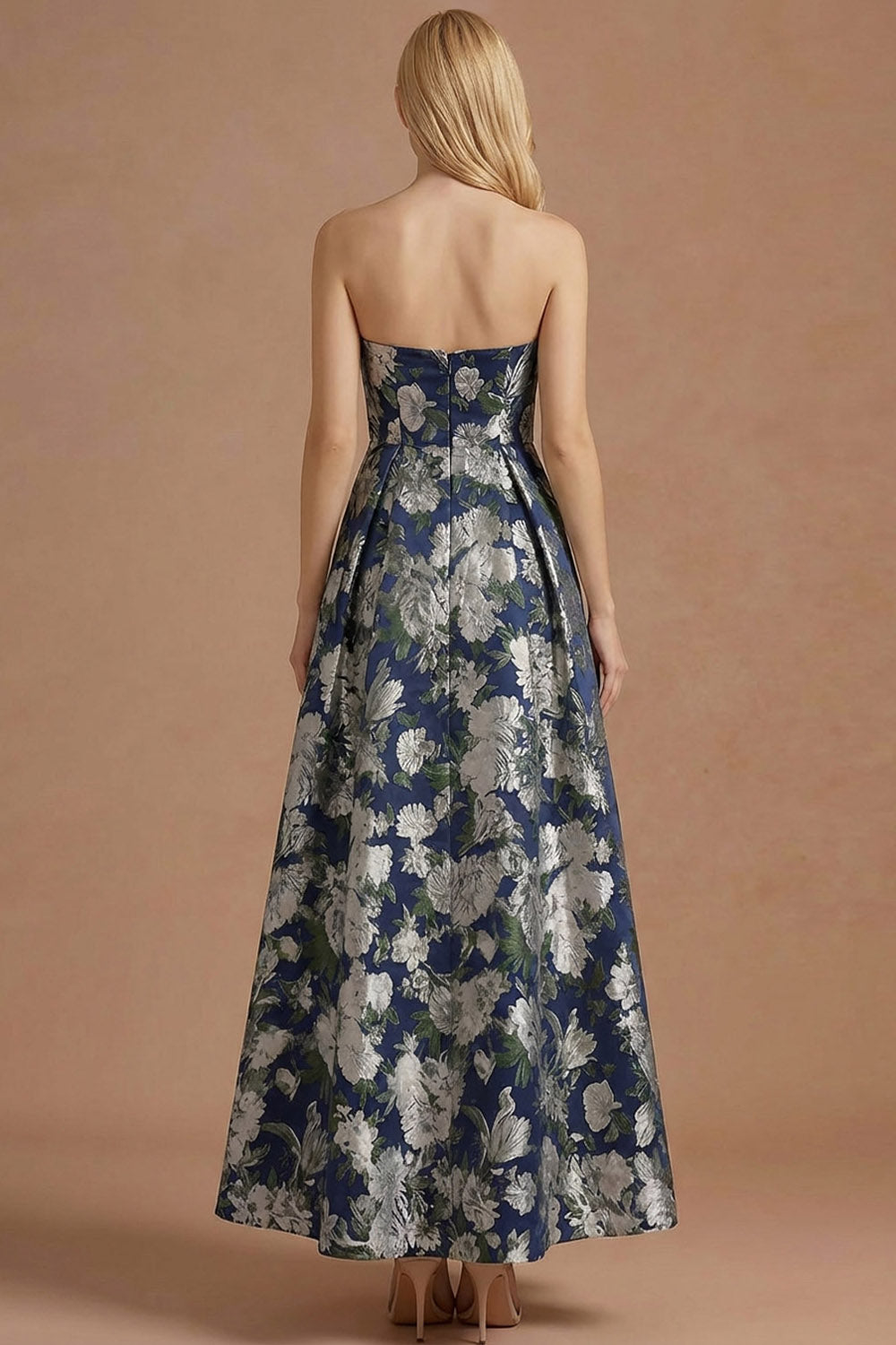 Navy Floral A Line Jacquard Strapless Maxi Formal Dress