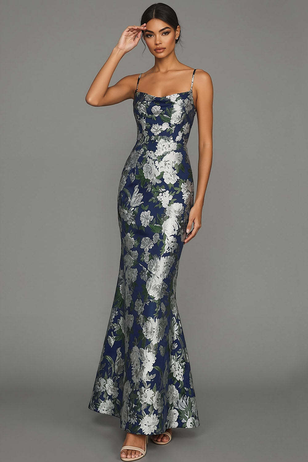 Leely Women Mermaid Navy Floral Maxi Formal Dress with Spaghetti Straps Jacquard Backless Sleeveless Evening Dress
