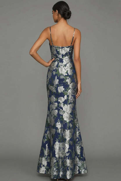 Mermaid Navy Floral Jacquard Spaghetti Straps Maxi Formal Dress