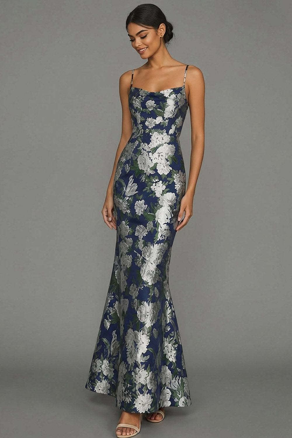 Mermaid Navy Floral Jacquard Spaghetti Straps Maxi Formal Dress