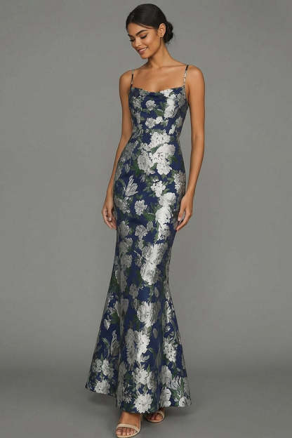 Mermaid Navy Floral Jacquard Spaghetti Straps Maxi Formal Dress